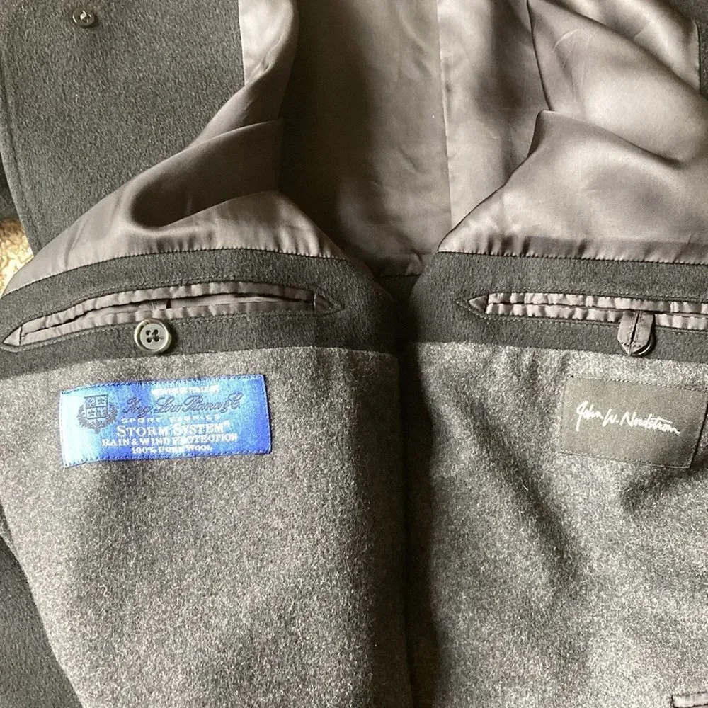 John W Nordstrom Black Loro Piana Storm System Wool 3/4 Top Coat Car Coat 46 XL